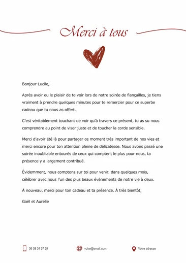 Une carte de remerciement pour les cadeaux de fiançailles reçus