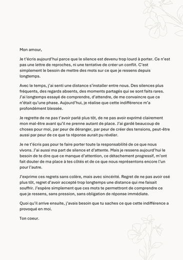 Une lettre de regret en amour