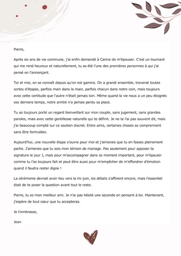 Un texte de demande de témoin de mariage
