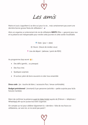 Exemple de message d'invitation pour un EVG ou un EVJF