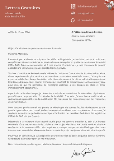 Une lettre de motivation d'un dessinateur industriel