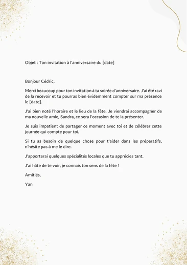 Un exemple de réponse à une invitation à une fête d'a