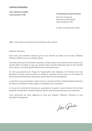 Une lettre de demande de crémation