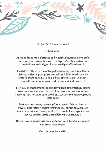 Une lettre pour annoncer son déménagement à ses amis et ses