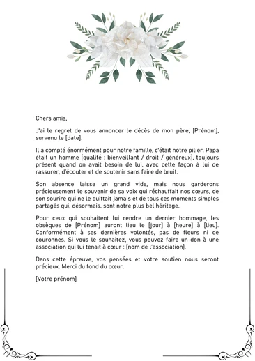 Un texte pour annoncer le décès d'un proche