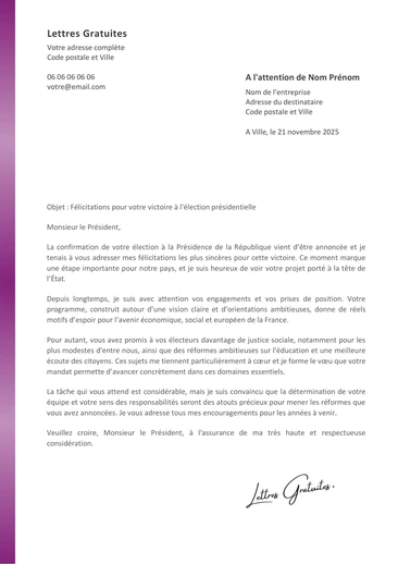 Une lettre de félicitations au Président de la République