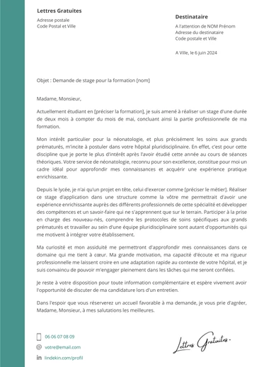 Une lettre de motivation d'une demande de stage à l'hôpital