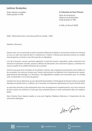 Une lettre de réclamation pour la mauvaise qualité d'un produit
