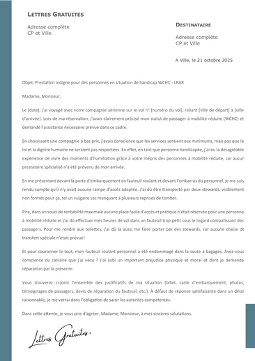 Une lettre de réclamation d'une personne en situation de handicap