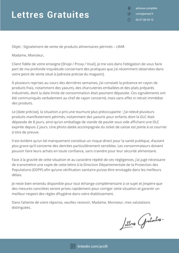 Une lettre pour signaler la vente de produits périmés par un magas