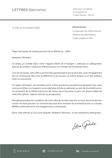 Une lettre de demande de remboursement d'une différence de prix