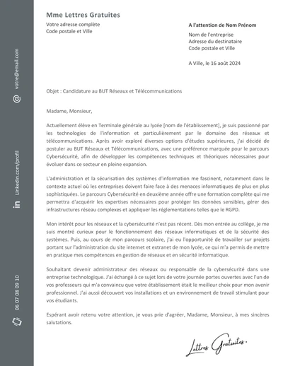Une lettre de motivation pour le BUT Réseaux et Télécommunications