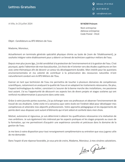 Une lettre de motivation pour le BTS Métiers de l'eau