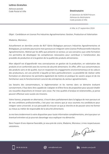 Une lettre de motivation pour la Licence Pro Industries Agroalimentaires