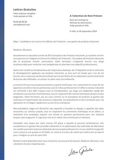 Une lettre de motivation pour la Licence Pro Métiers de l'Industrie