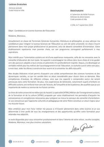 Une lettre de motivation pour la Licence Sciences de l'Education et de la Format