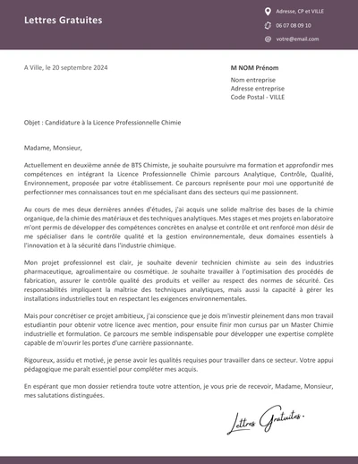 Une lettre de motivation pour la Licence Pro Chimie