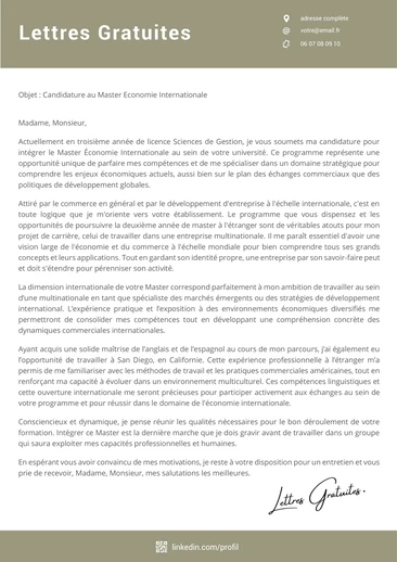 Une lettre de motivation pour un Master Economie Internationale