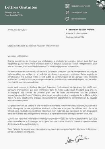 Une lettre de motivation d'un musicien professionnel