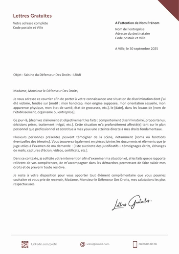 Une lettre pour saisir le Défenseur Des Droits