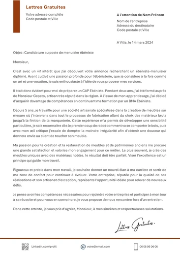 Une lettre de motivation d'un menuisier ébéniste