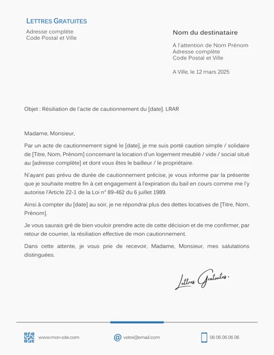 Une lettre de révocation du cautionnement d'un contrat de bail