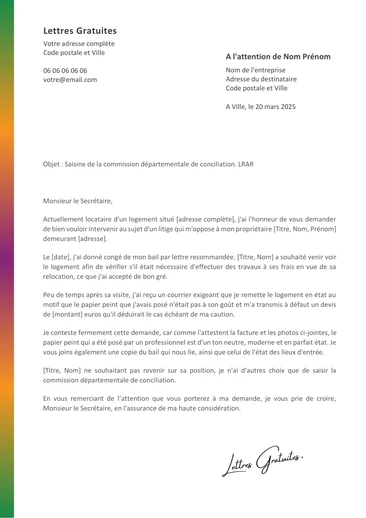 Une lettre de saisine de la commission départementale de conciliation