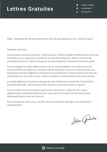 Une lettre de remboursement d'un jeu TV ou SMS