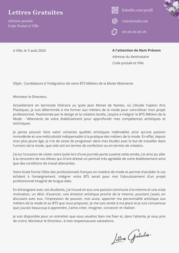 Une lettre de motivation pour le BTS Mode