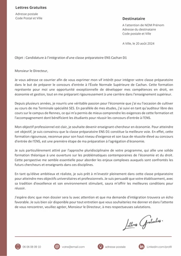 Une lettre de motivation pour une Prépa ENS D1