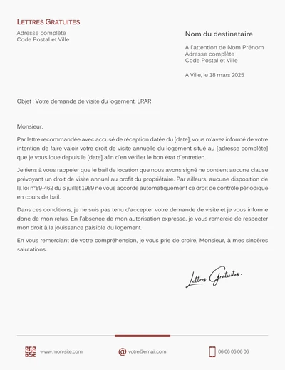 Une lettre pour refuser la visite du propriétaire