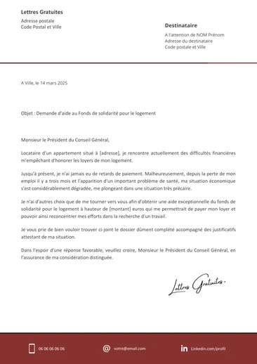 Une lettre de demande d'aide financière pour le loyer