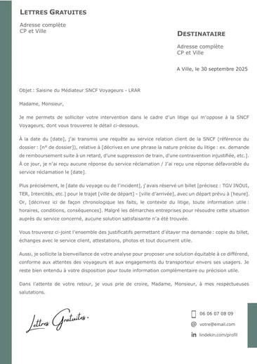 Une lettre de saisine du médiateur de la SNCF