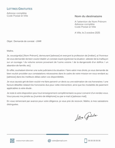 Une lettre de demande de constat d'un commissaire de justice