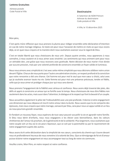 Un exemple d'une lettre d'intention des 4 piliers du mariage