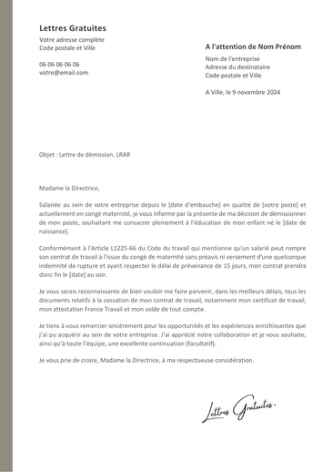 Une lettre de démission pour élever son bébé
