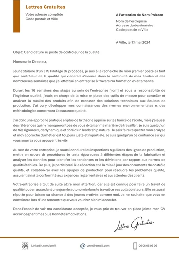Une lettre de motivation d'un technicien du contrôle qualité