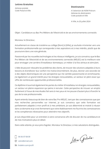 Une lettre de motivation pour le Bac Pro MELEC