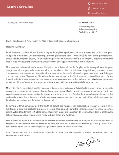 Une lettre de motivation pour un Master LEA