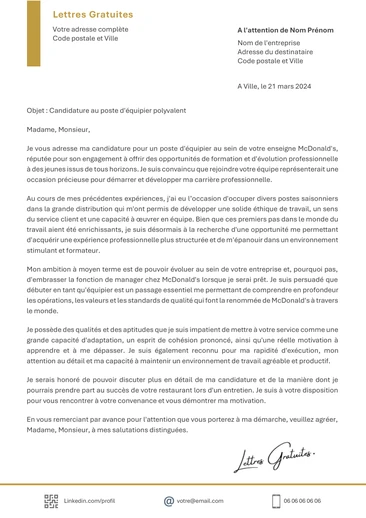 Une lettre de motivation pour travaillez chez McDo
