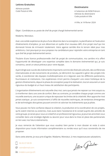 Une lettre de motivation d'un chargé de projet événementiel