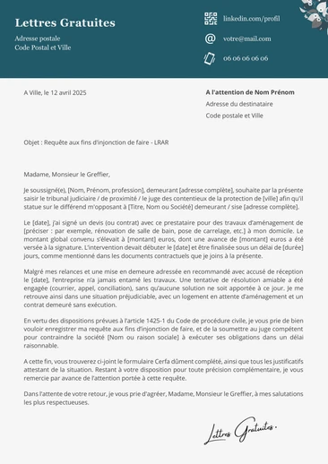 Une lettre au juge pour demander une injonction de faire pour des travaux