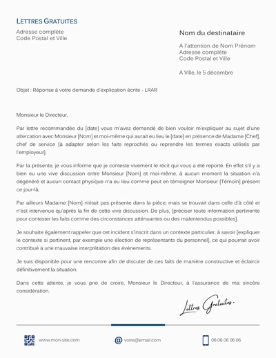 Une lettre en réponse à une demande d'explication écrite