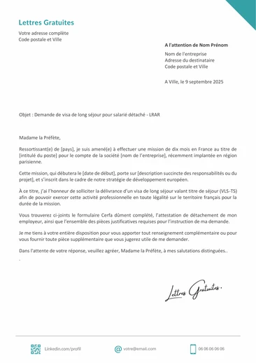 Une lettre de demande de visa long séjour