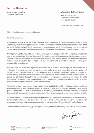 Une lettre de motivation pour la Licence Physique