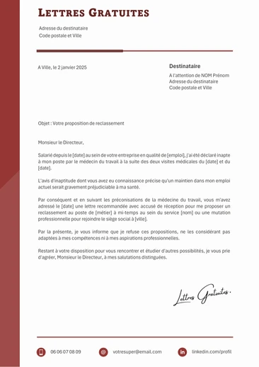 Une lettre de refus d'une proposition de reclassement