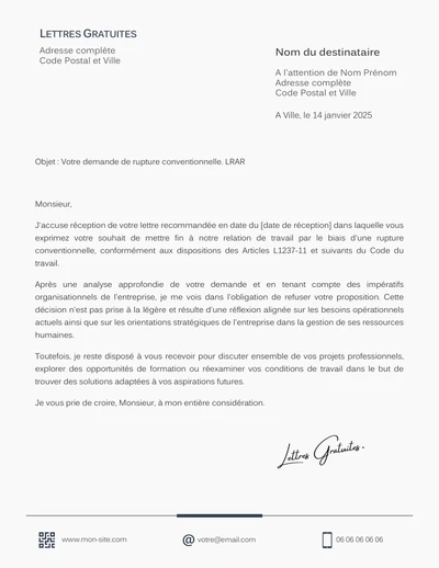 Une lettre de refus d'une rupture conventionnelle