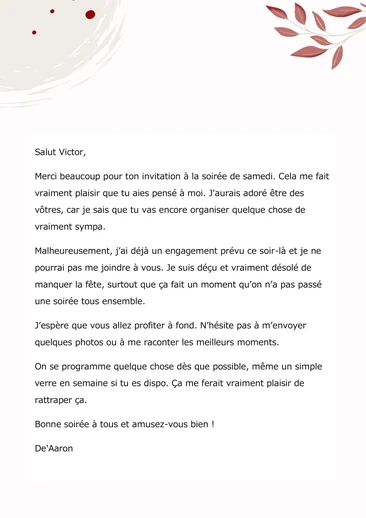 Un exemple de message pour refuser une invitation