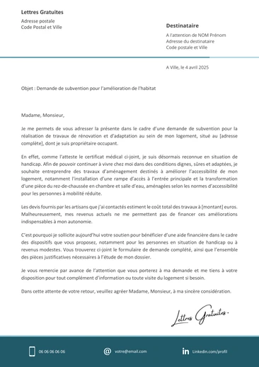 Une lettre de demande de subvention à l'ANAH pour des travaux