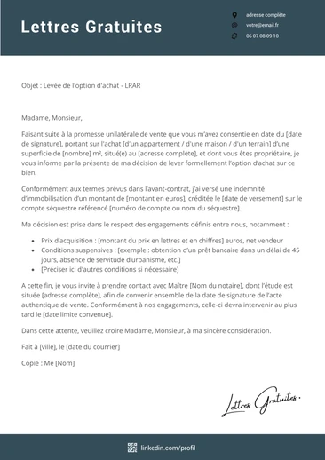 Un courrier de levée d'une option d'achat d'un bien immobilier